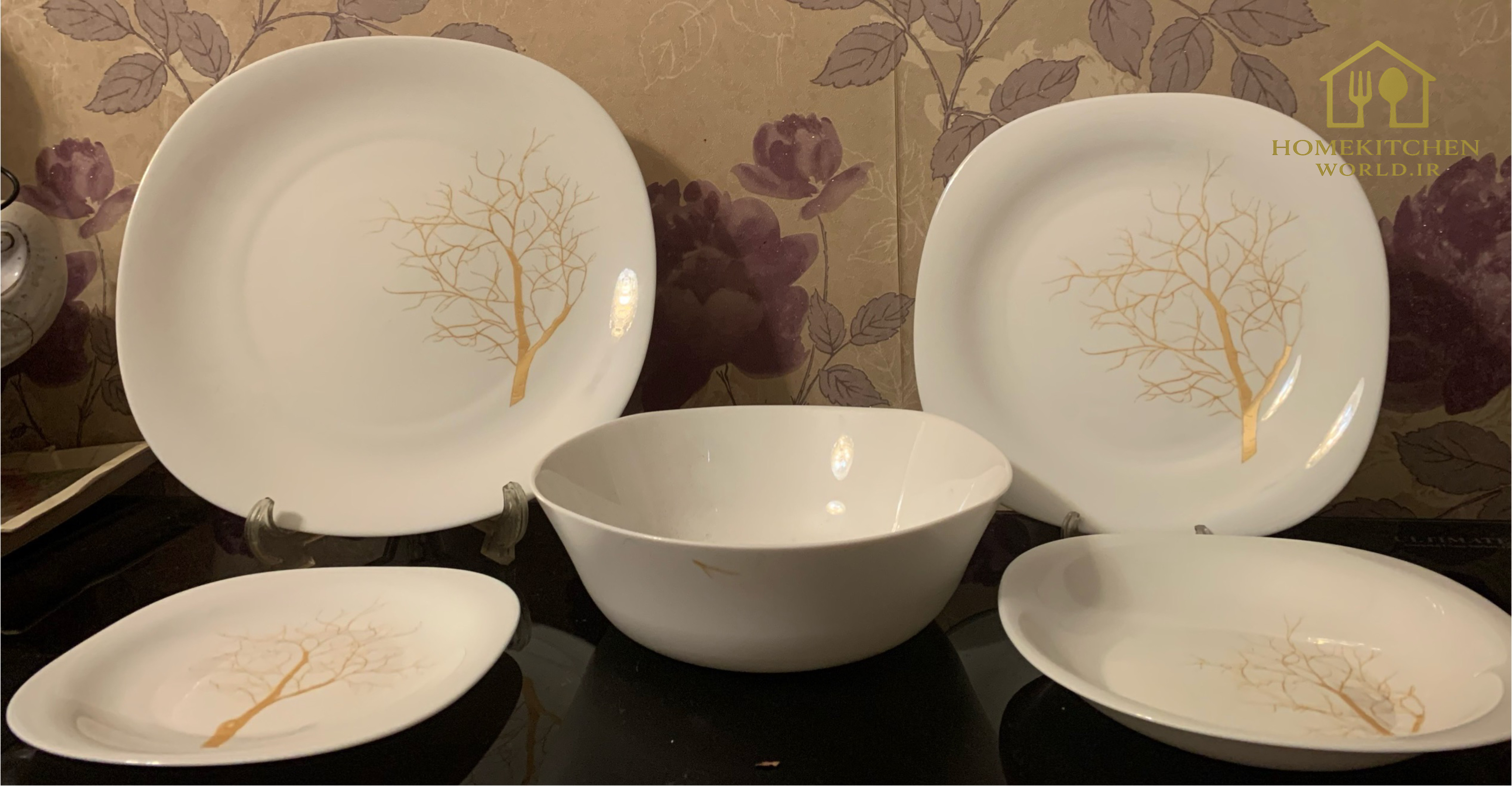 سرویس ارکوپال ۲۶ پارچه مدل مربع درخت طلا لب طلایی